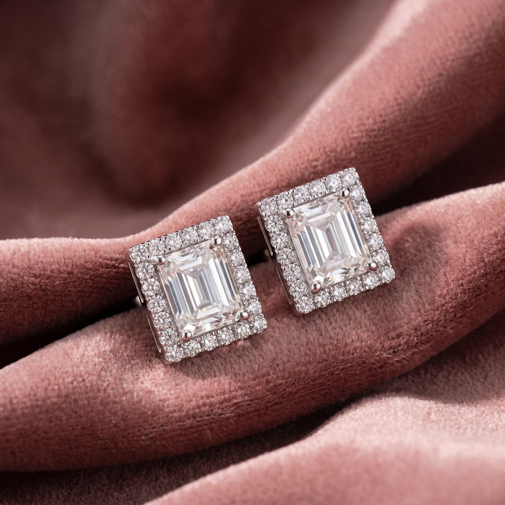 18K Emerald-Cut Diamond Earrings — AI cloth, in-house