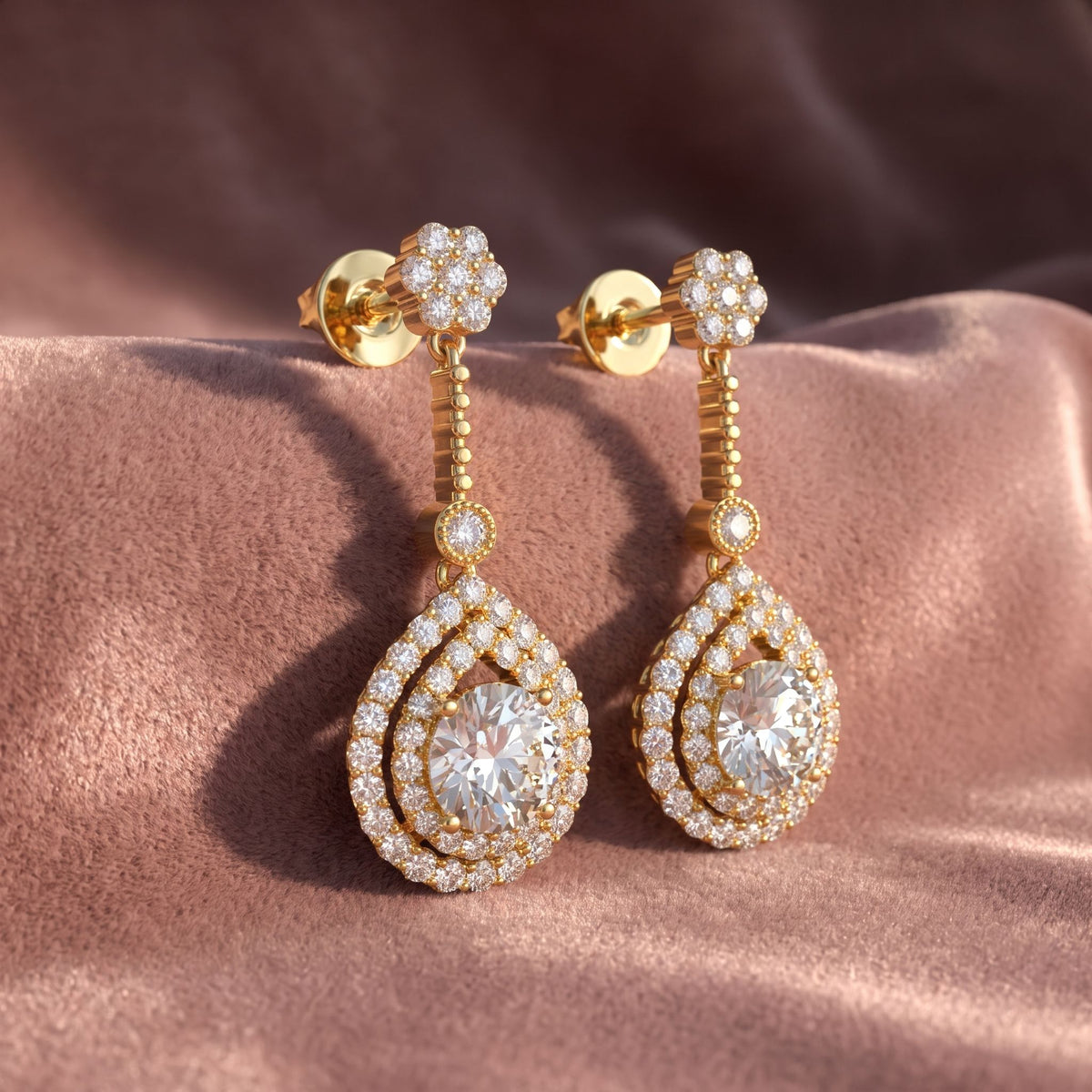 18K Drop Pear Halo Diamond Earrings — AI cloth, in-house
