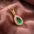 18K Halo Pear Diamond Pendant — AI cloth, in-house