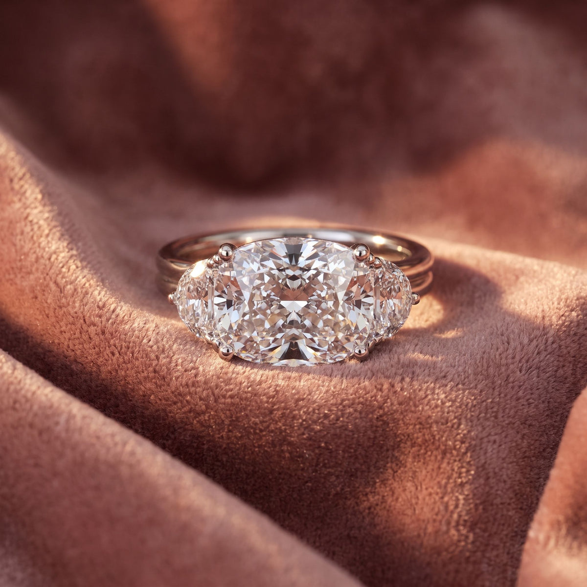 18K Trilogy Radiant Diamond Ring — AI cloth, in-house