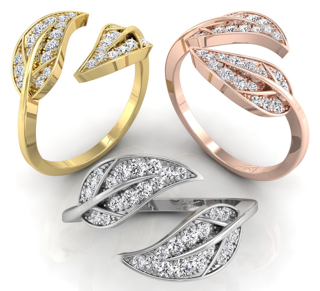 18K White Gold Leaf Round Diamond Ring — 3 COLOR