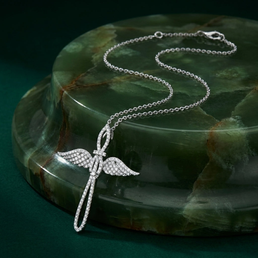 18K White Gold Cross Round Diamond Pendant