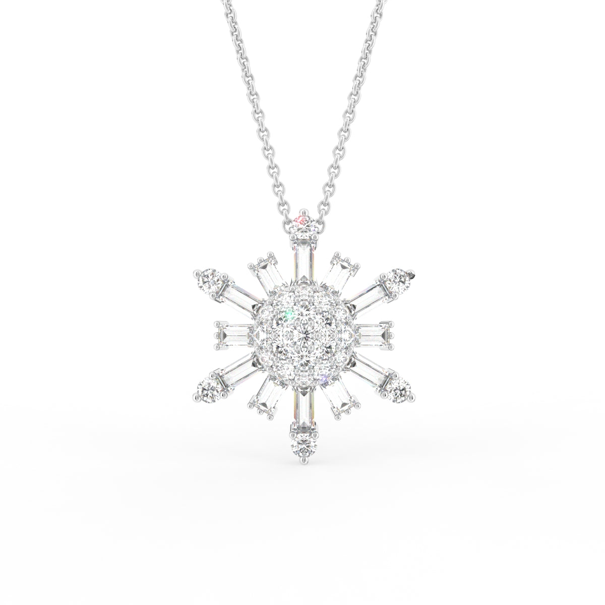 vimg:FJ3341|vimg:FJ3342|14K White Gold Snowflake Round Diamond Pendant — FRONT