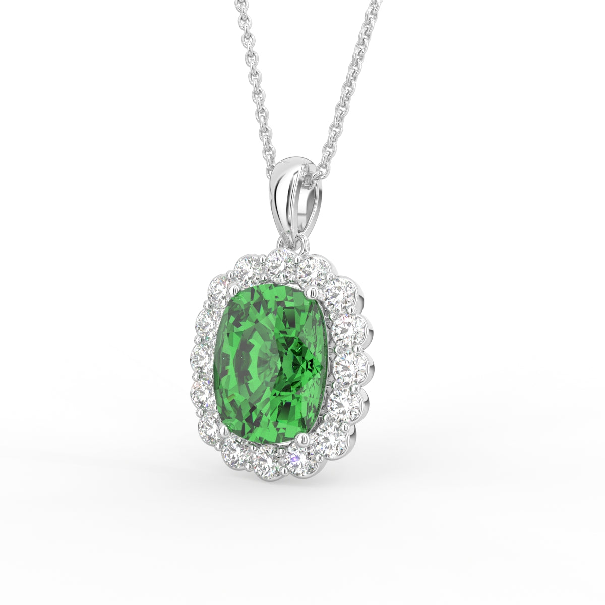 18K Halo Solitaire Emerald Diamond Pendant — 3D VIEW