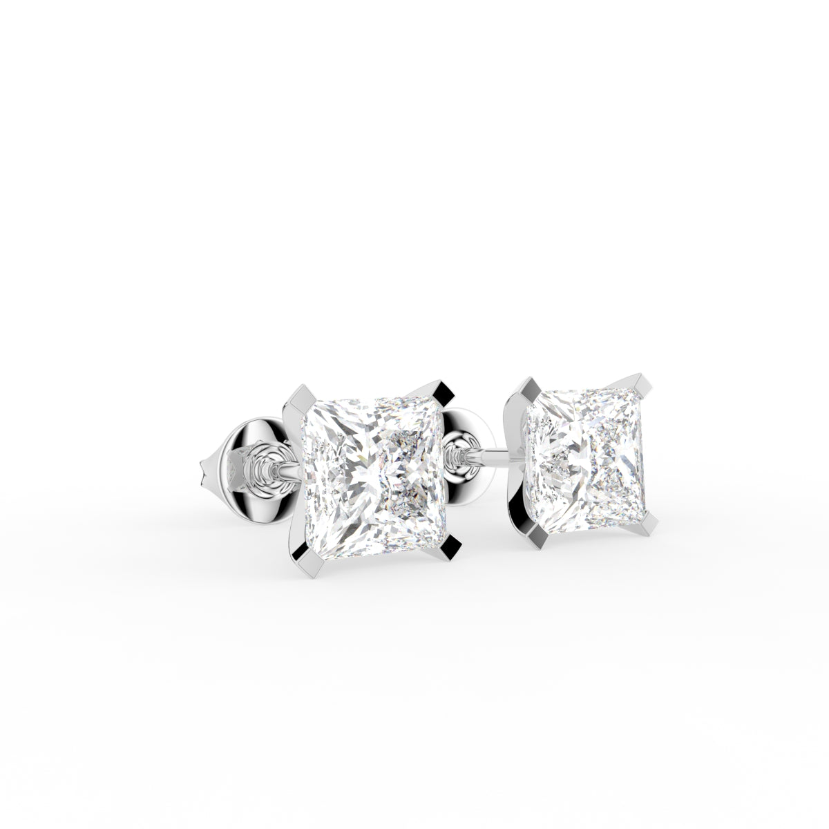 18K Solitaire Princess Diamond Earrings — 3D VIEW