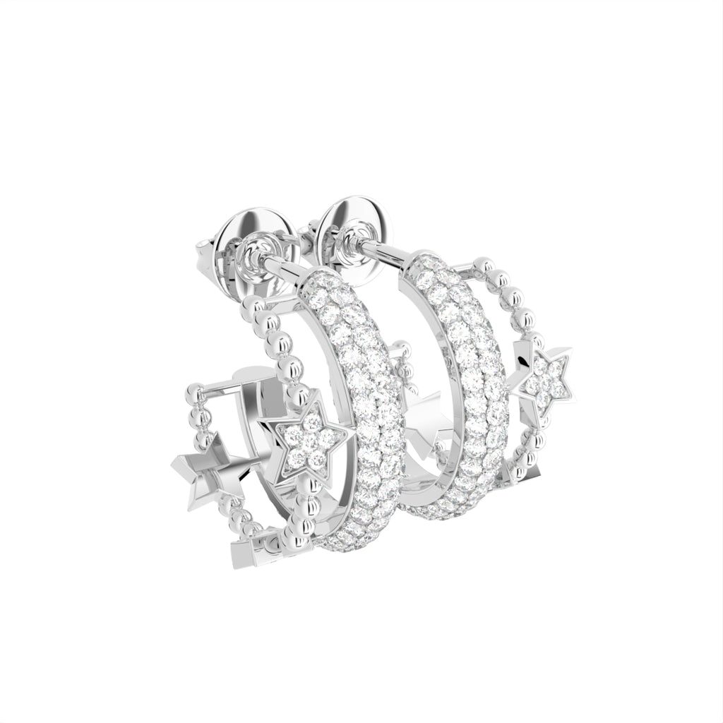 18K Crescent Moon and Stars Diamond Earrings — 3D VIEW