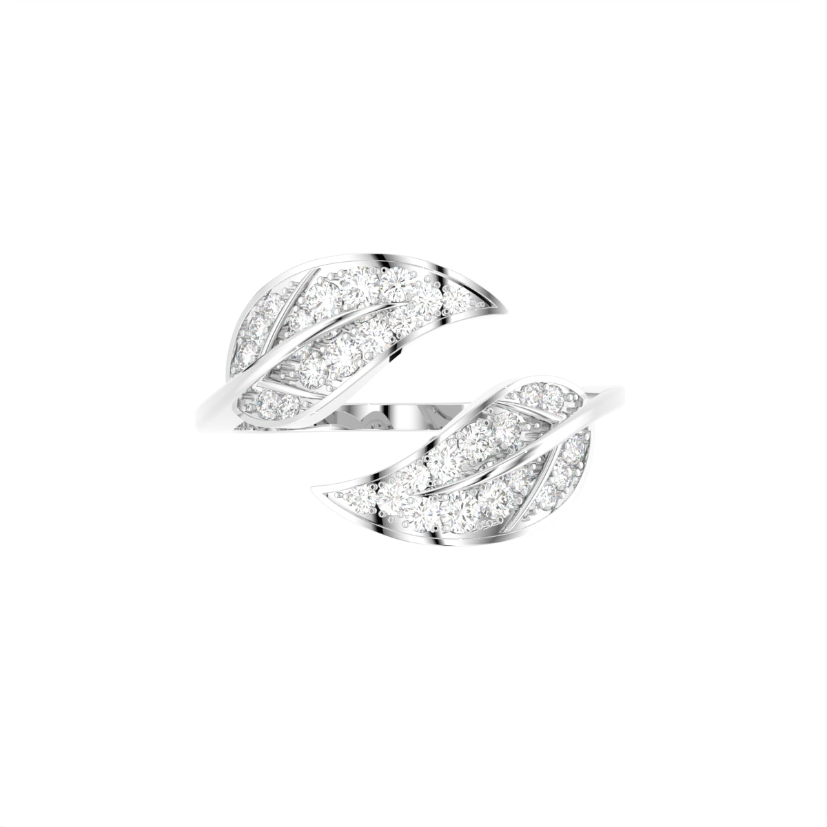18K White Gold Leaf Round Diamond Ring — TOP