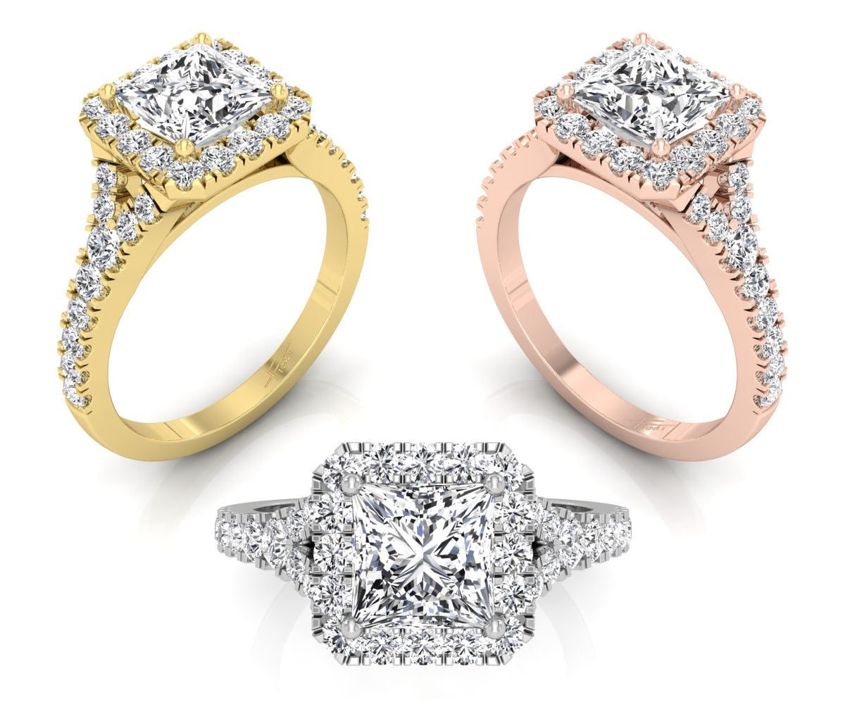 18K Halo Princess Cut Diamond Ring — 3 COLOR