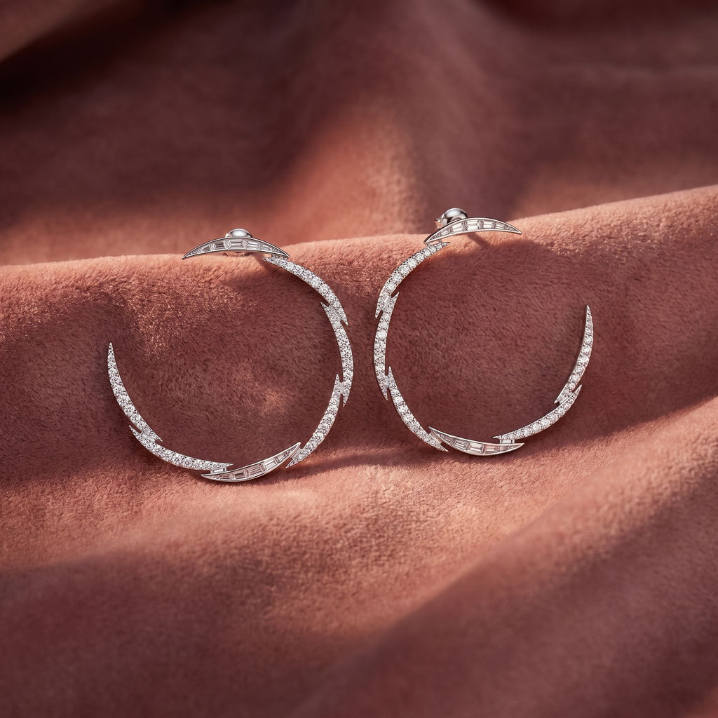 18K Round Diamond Moon Earrings — AI cloth, in-house