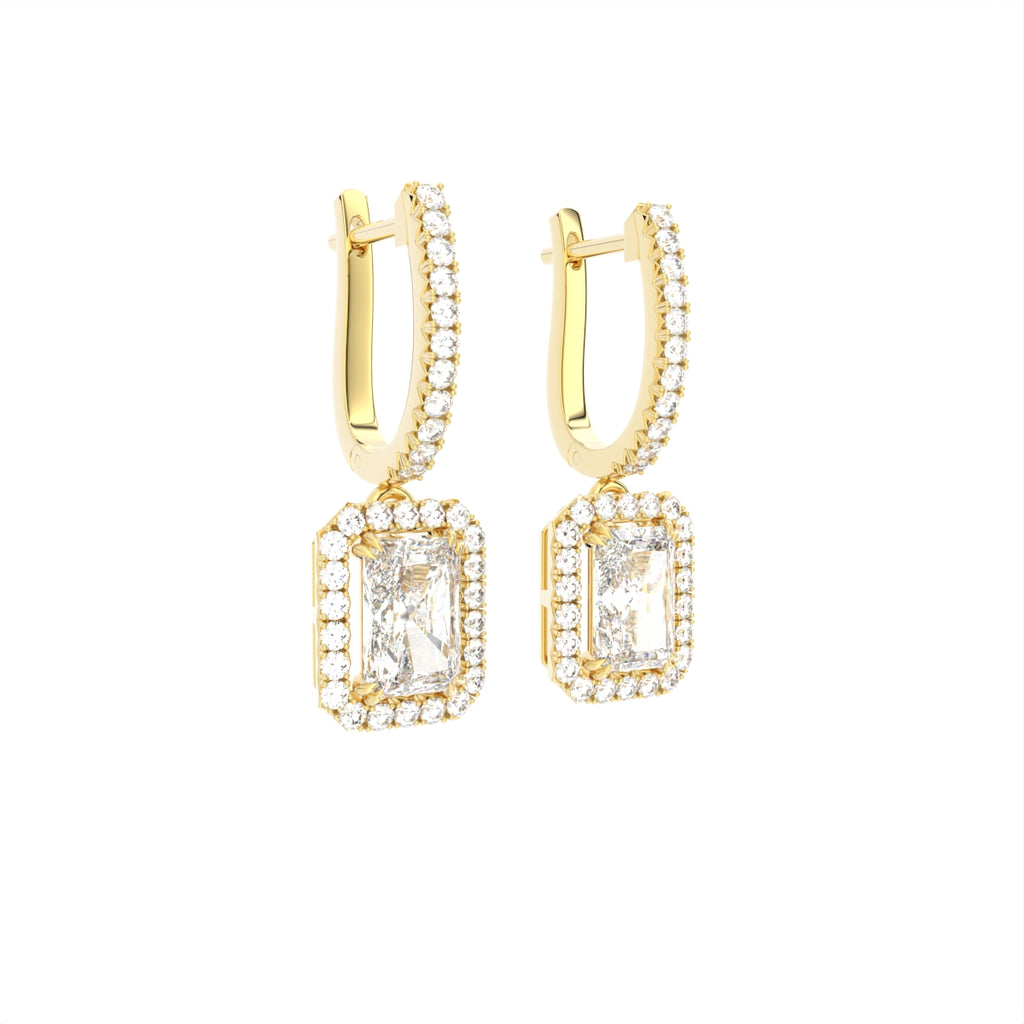 18K Halo Emerald Cut Diamond Drop Earrings — 3D VIEW