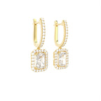 18K Halo Emerald Cut Diamond Drop Earrings — 3D VIEW