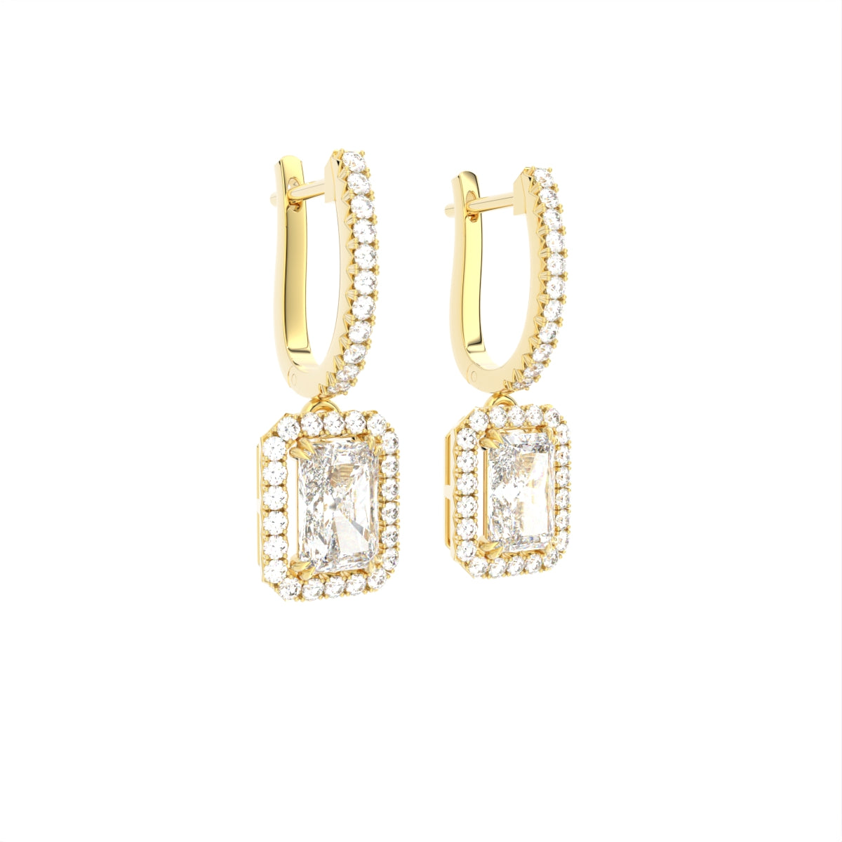 18K Halo Emerald Cut Diamond Drop Earrings — 3D VIEW