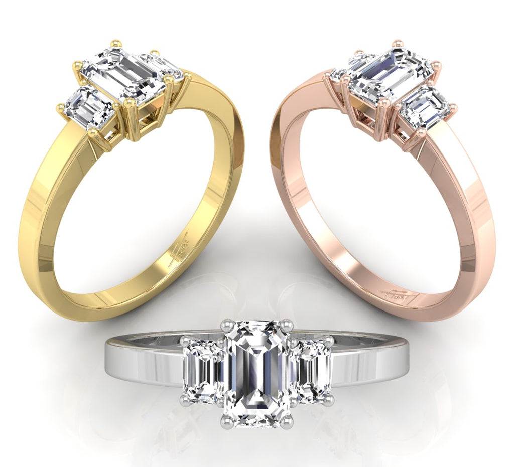 18K White Gold Trilogy Emerald Diamond Ring — 3 COLOR
