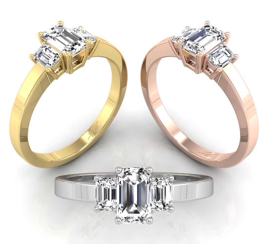 18K White Gold Trilogy Emerald Diamond Ring — 3 COLOR