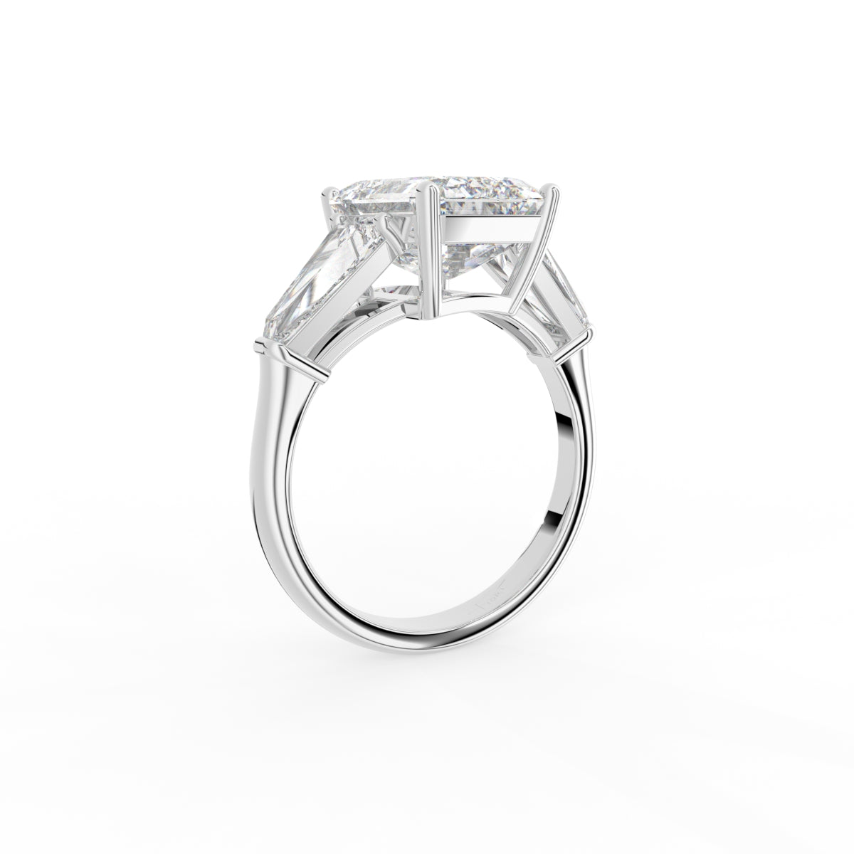18K White Gold Trilogy Emerald Diamond Engagement Ring — 3D VIEW