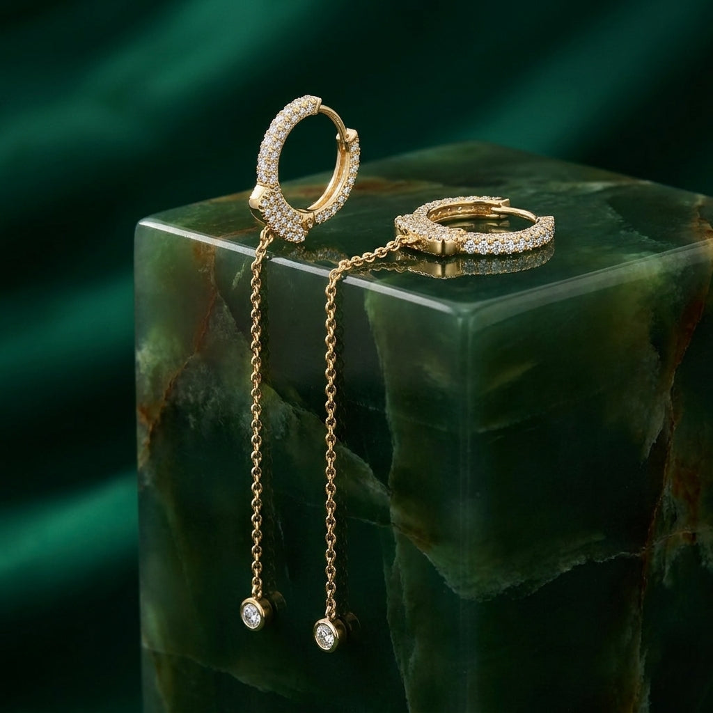18K Yellow Gold Hoop Drop Diamond Earrings