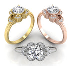 18K White Gold Floral Round Diamond Ring — 3 COLOR