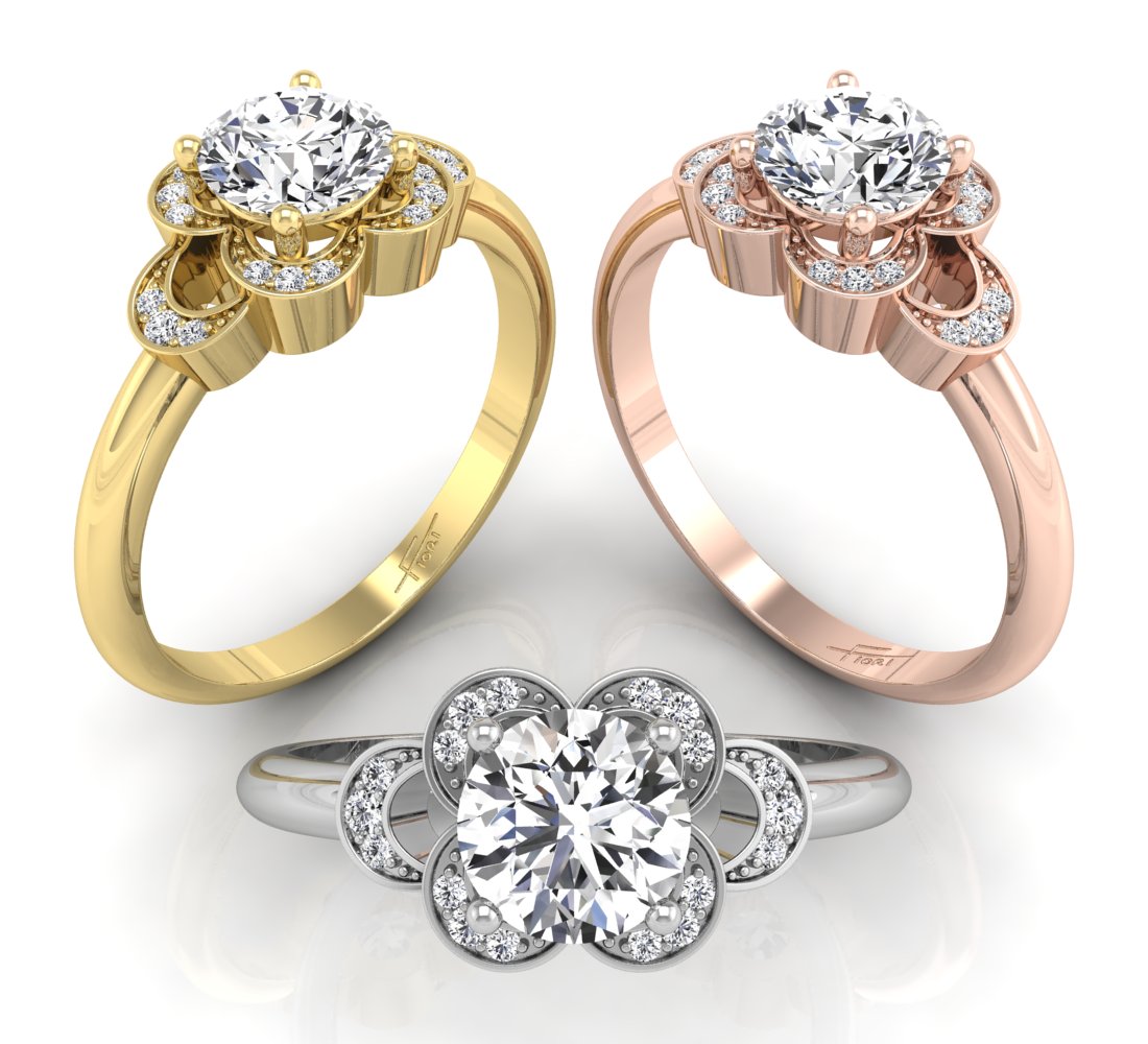 18K White Gold Floral Round Diamond Ring — 3 COLOR