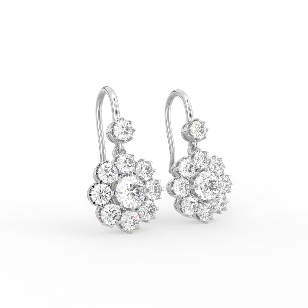 14K White Gold Floral Diamond Earrings — 3D VIEW