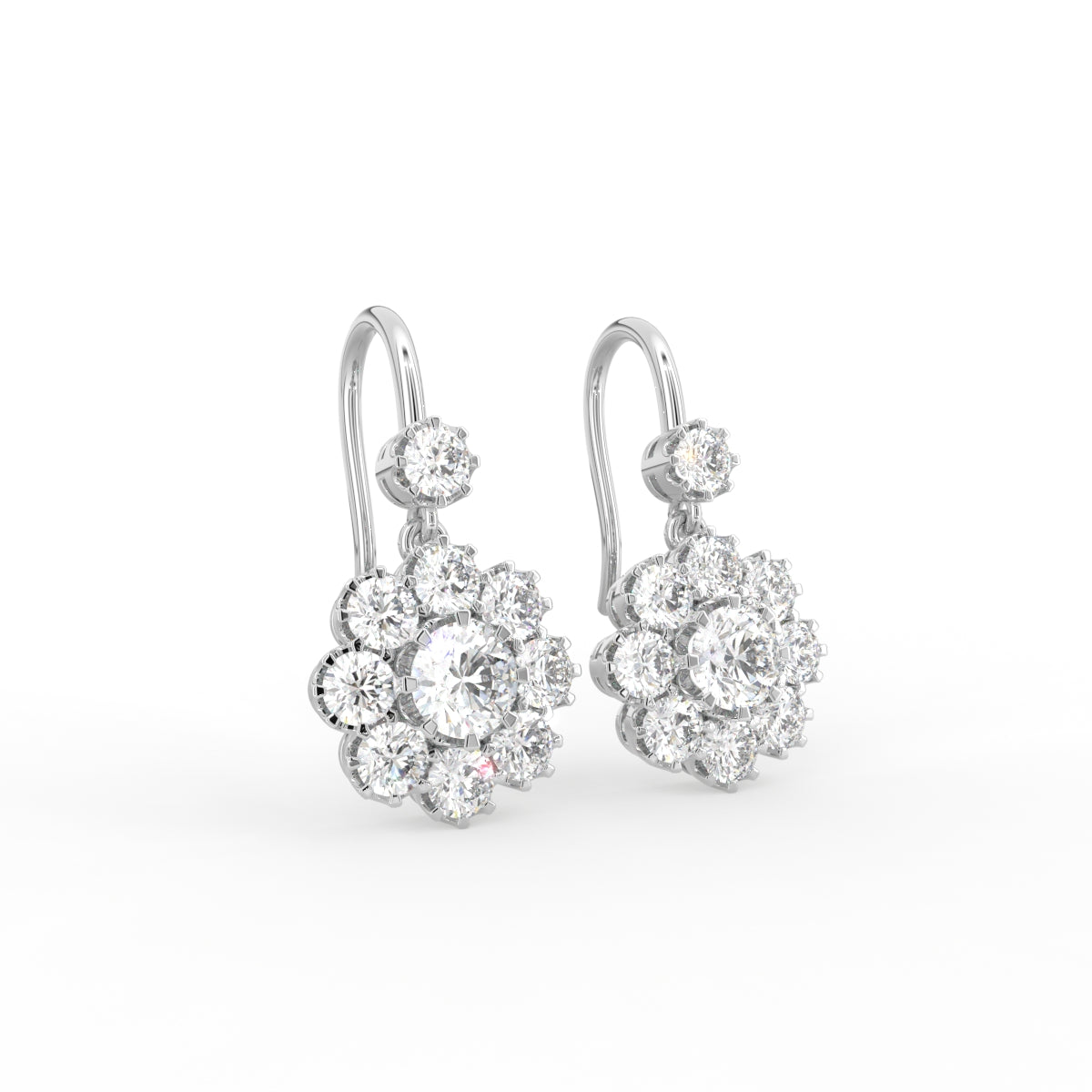 14K White Gold Floral Diamond Earrings — 3D VIEW