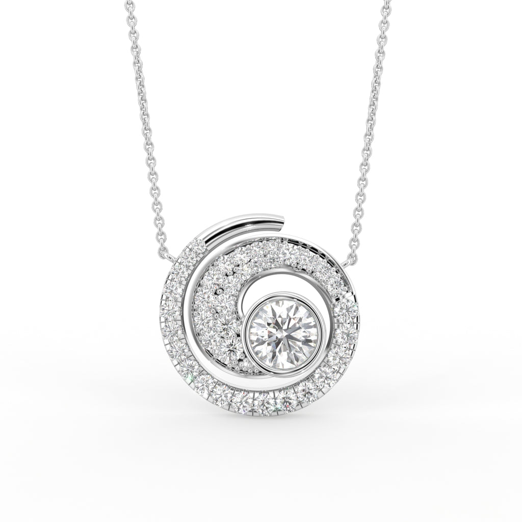 18K White Gold Spiral Round Diamond Pendant — FRONT