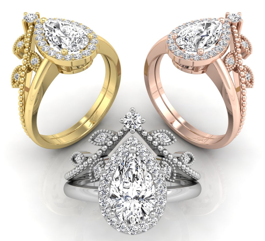 18K Halo Pear Diamond Engagement Ring — 3 COLOR