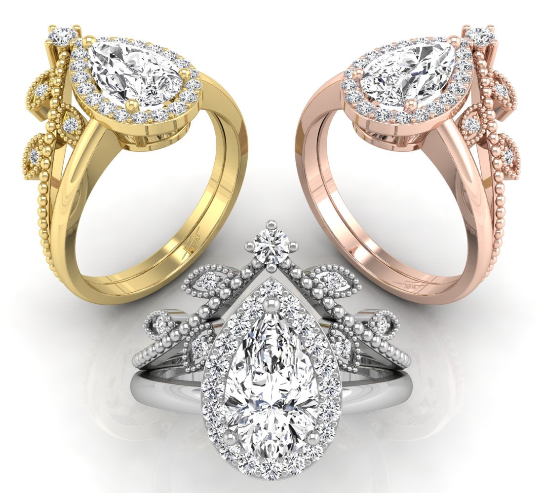 18K Halo Pear Diamond Engagement Ring — 3 COLOR