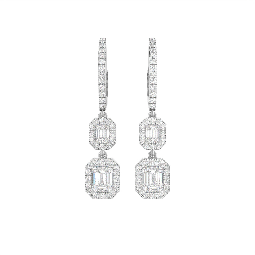 18K White Gold Emerald Cut Halo Diamond Drop Earrings — TOP