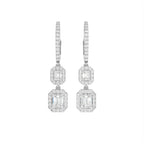 18K White Gold Emerald Cut Halo Diamond Drop Earrings — TOP
