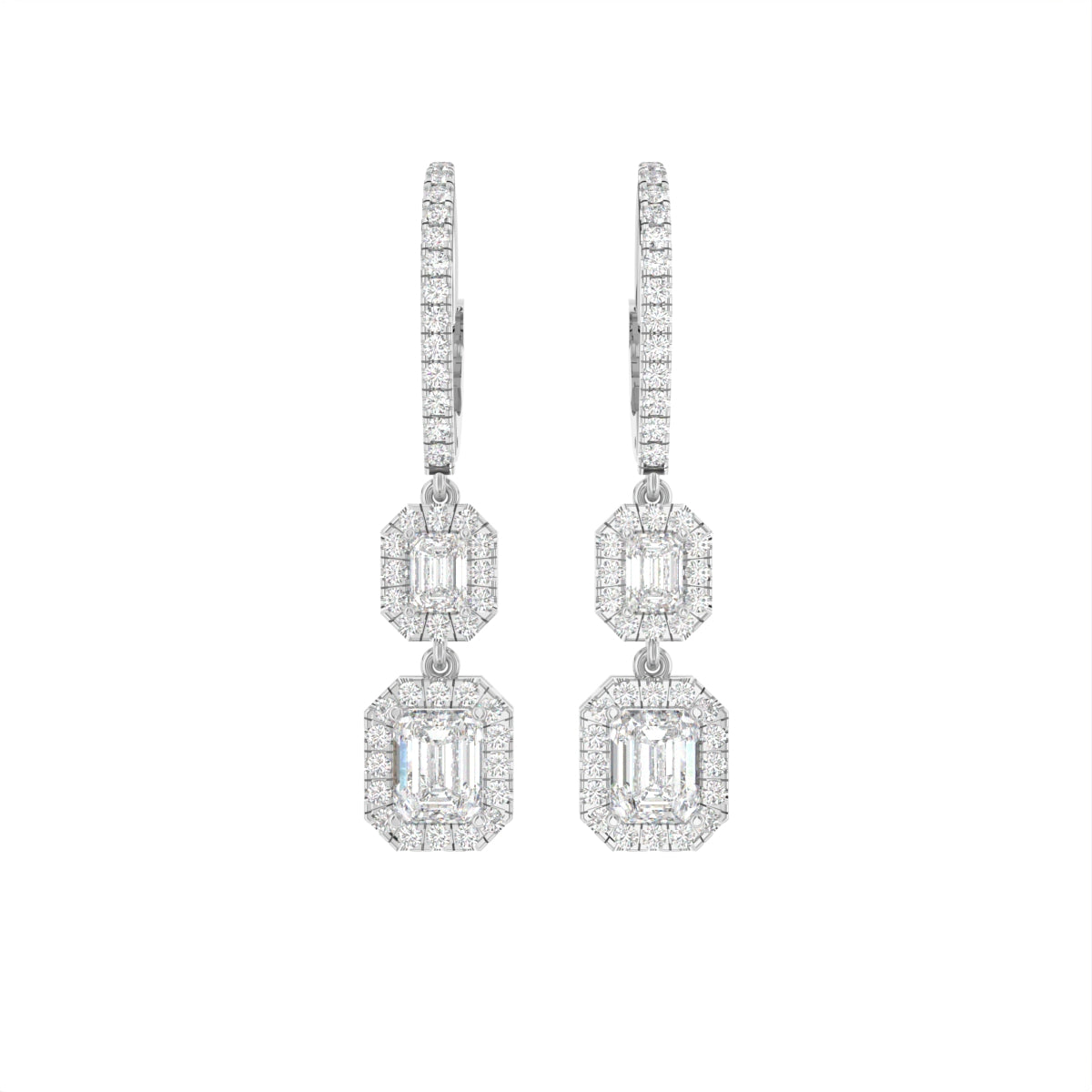 18K White Gold Emerald Cut Halo Diamond Drop Earrings — TOP