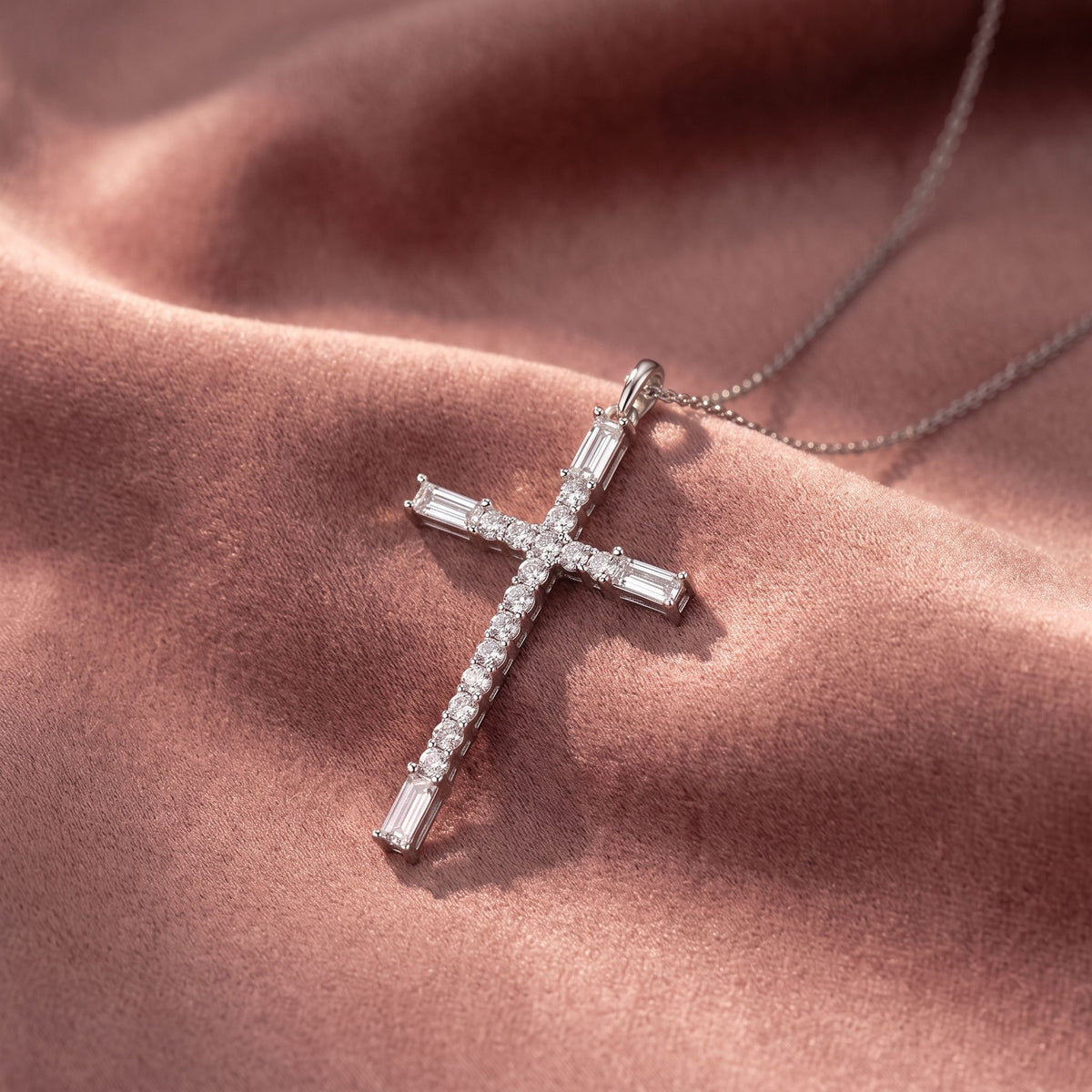 14K Cross Baguette Diamond Pendant — AI cloth, in-house