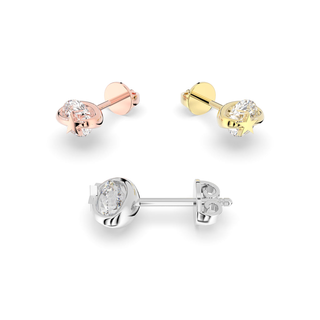 18K Bezel Round Diamond Stud Earrings — 3 COLOR