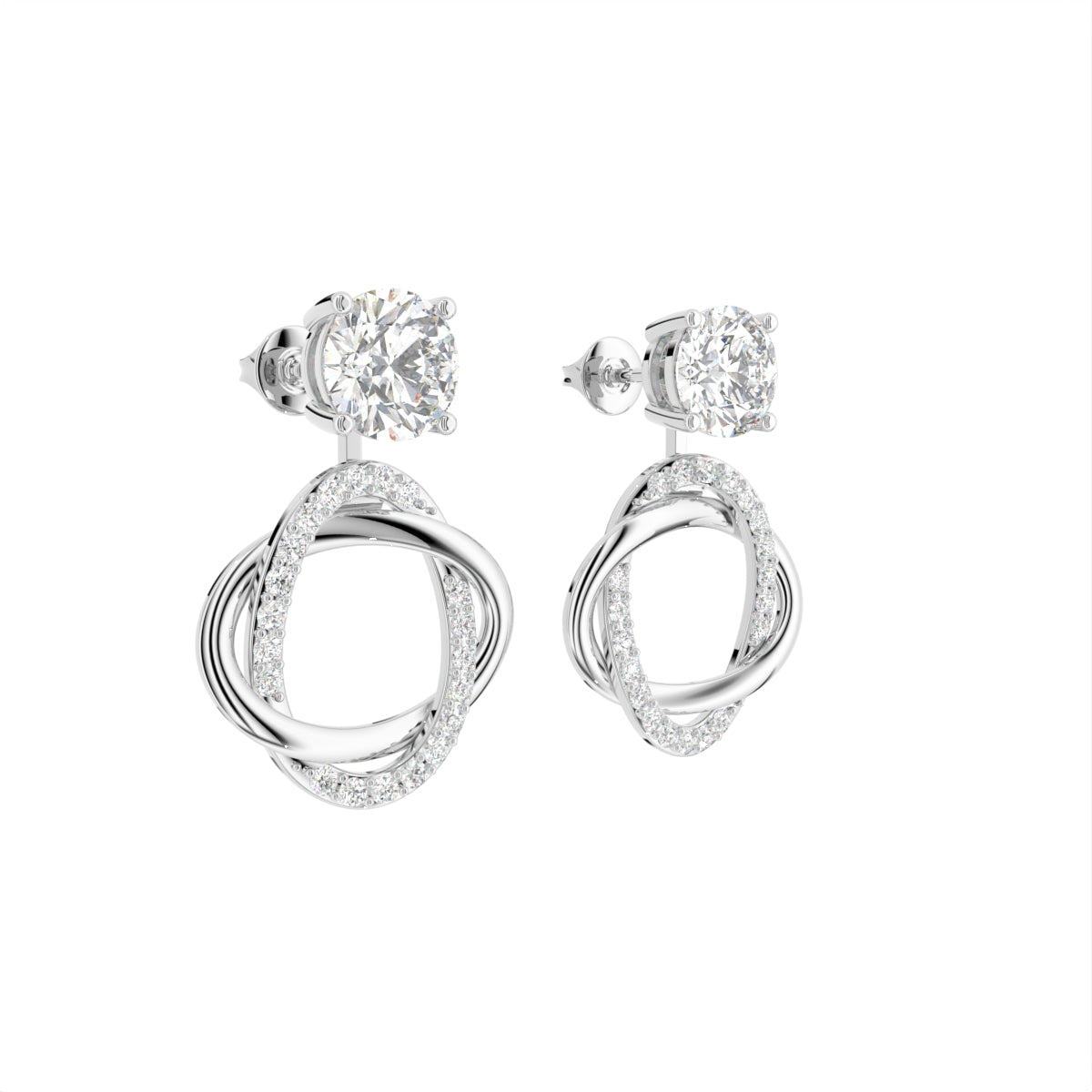 18K White Gold Round Diamond Drop Earrings — 3D VIEW
