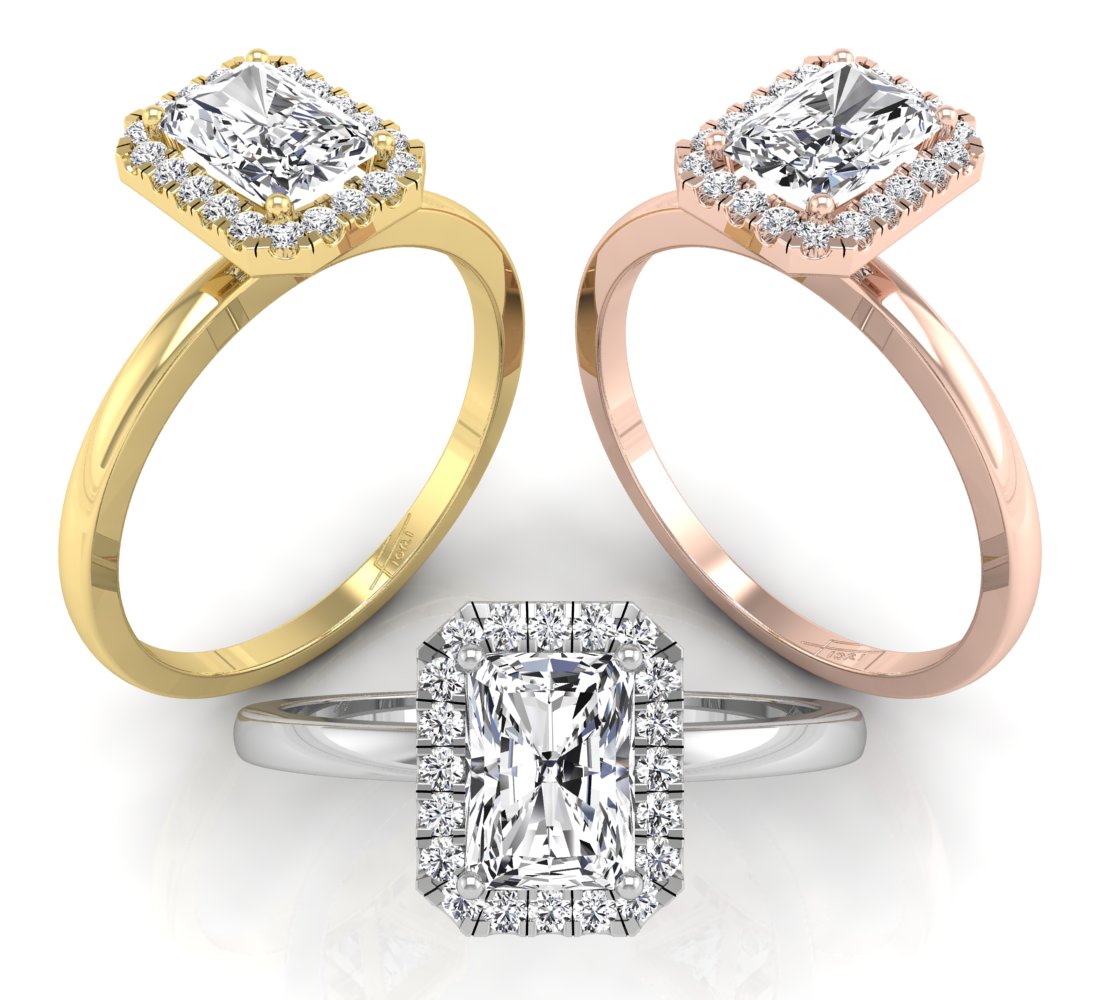 18K Halo Emerald-Cut Diamond Ring — 3 COLOR