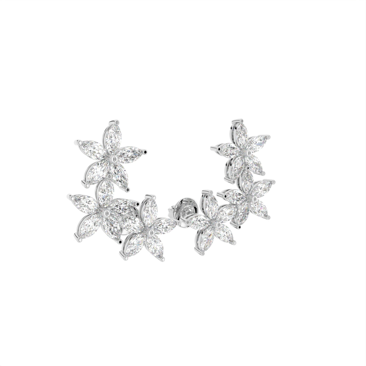 18K Floral Marquise Diamond Earrings — 3D VIEW