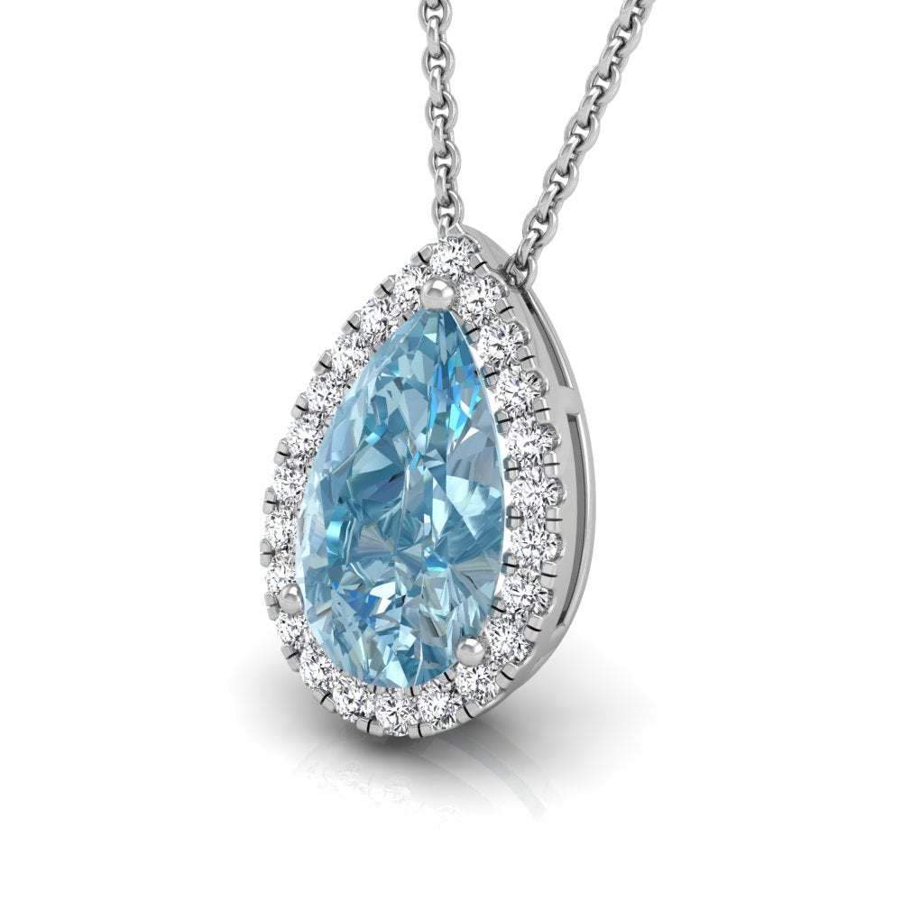 18K White Gold Halo Pear Diamond Pendant — 3D VIEW