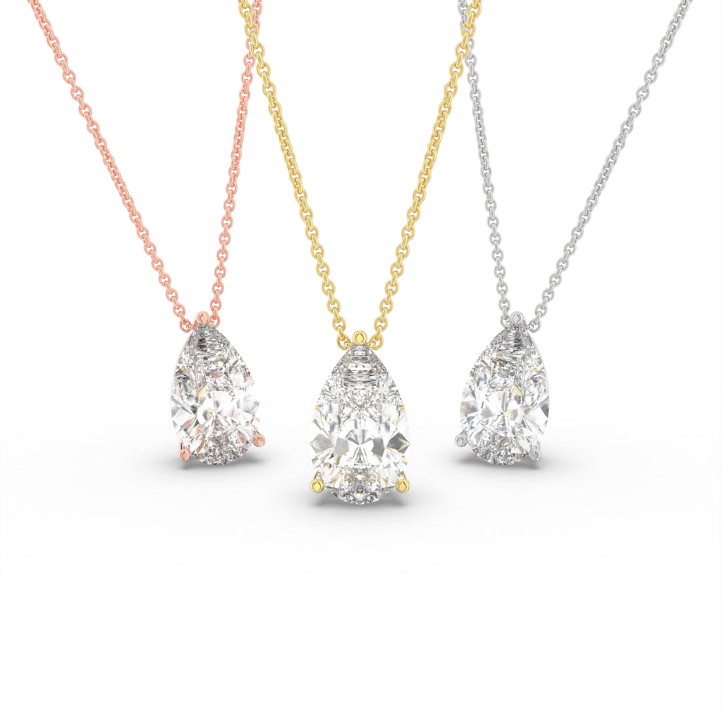 18K White Gold Solitaire Pear Diamond Pendant — 3 COLOR