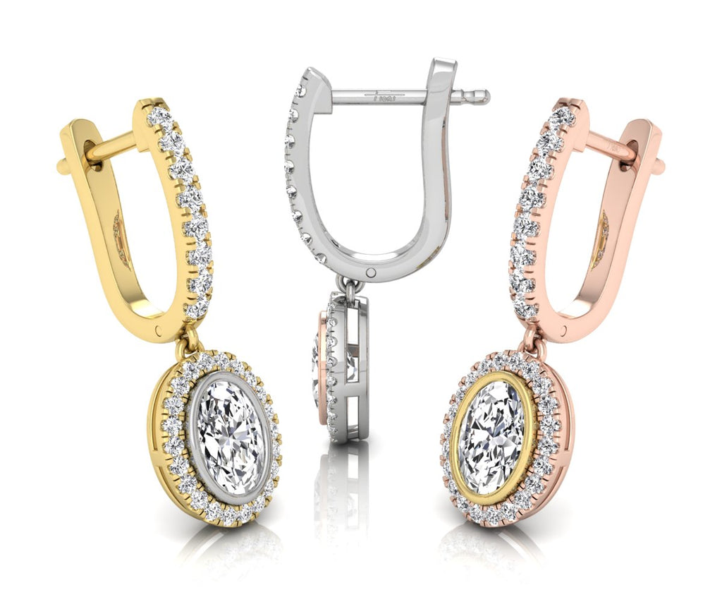 18K Halo Oval Diamond Drop Earrings — 3 COLOR
