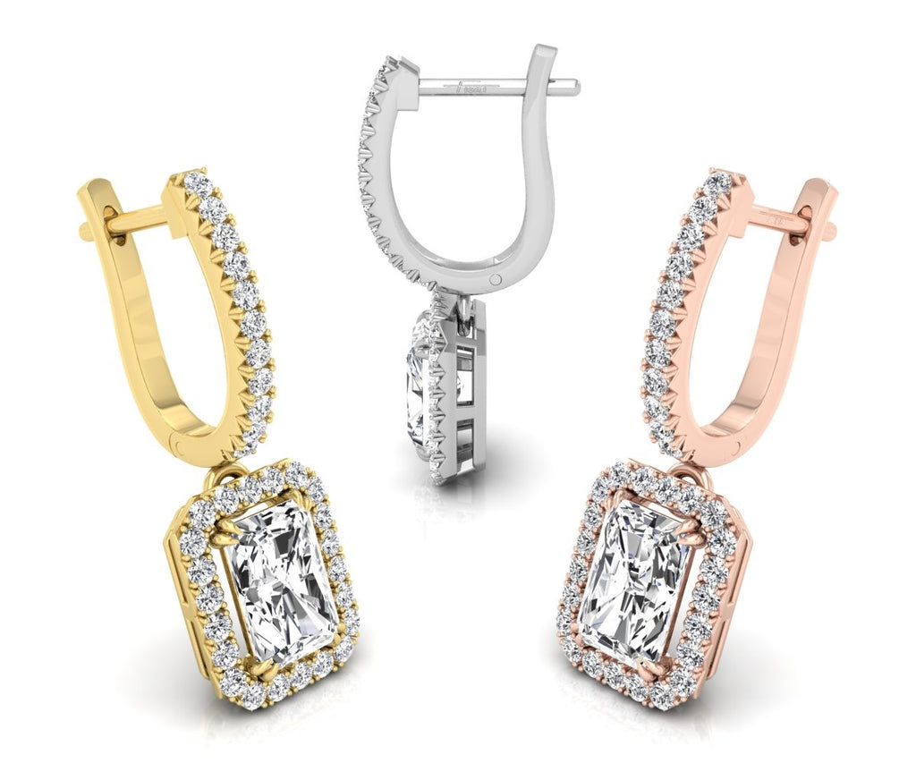 18K Halo Emerald Cut Diamond Drop Earrings — 3 COLOR