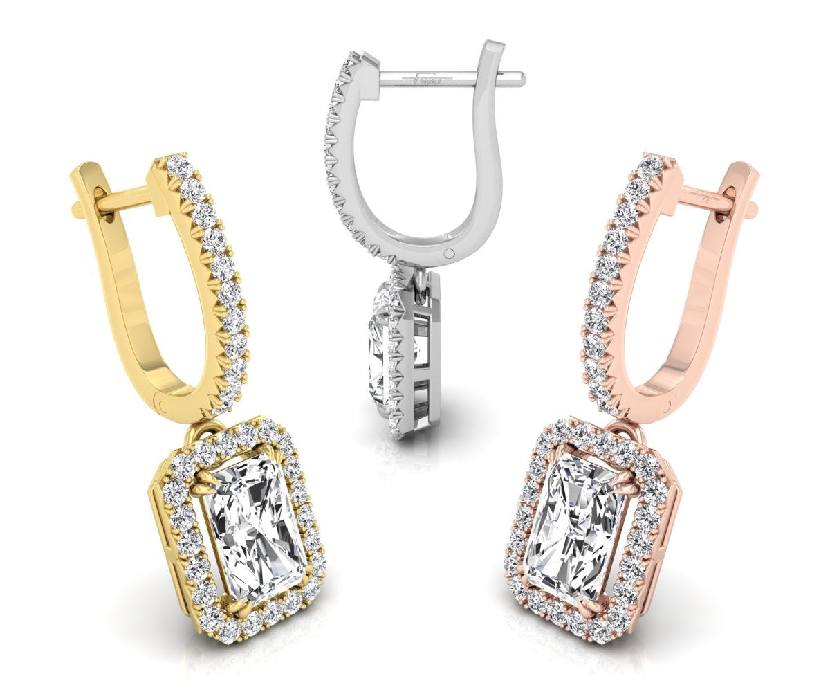 18K Halo Emerald Cut Diamond Drop Earrings — 3 COLOR