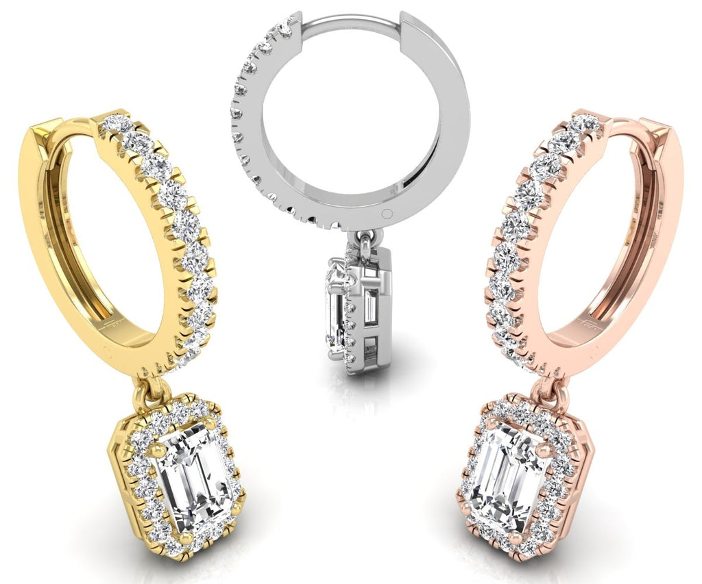 18K Emerald Halo Drop Diamond Earrings — 3 COLOR