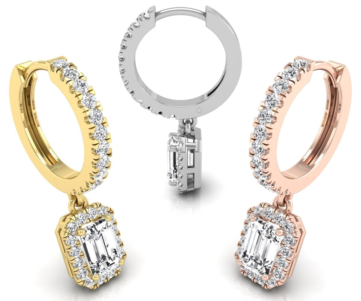 18K Emerald Halo Drop Diamond Earrings — 3 COLOR