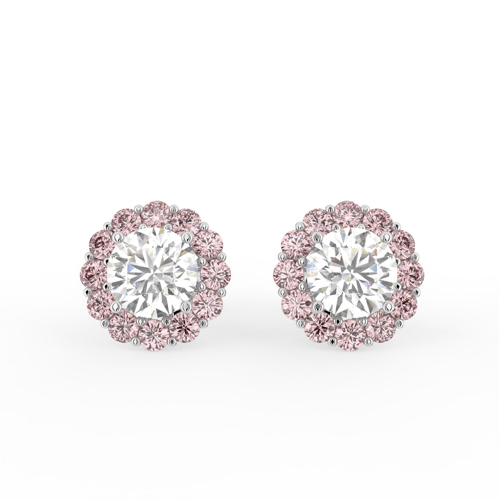 18K Pink Halo Round Diamond Earrings — TOP