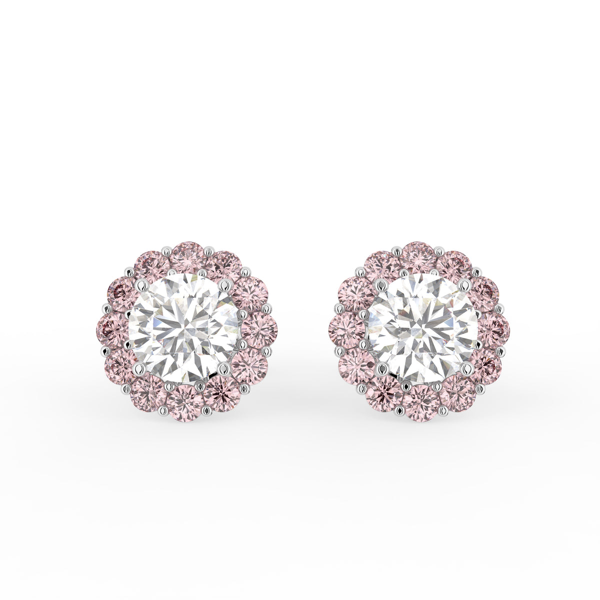 18K Pink Halo Round Diamond Earrings — TOP