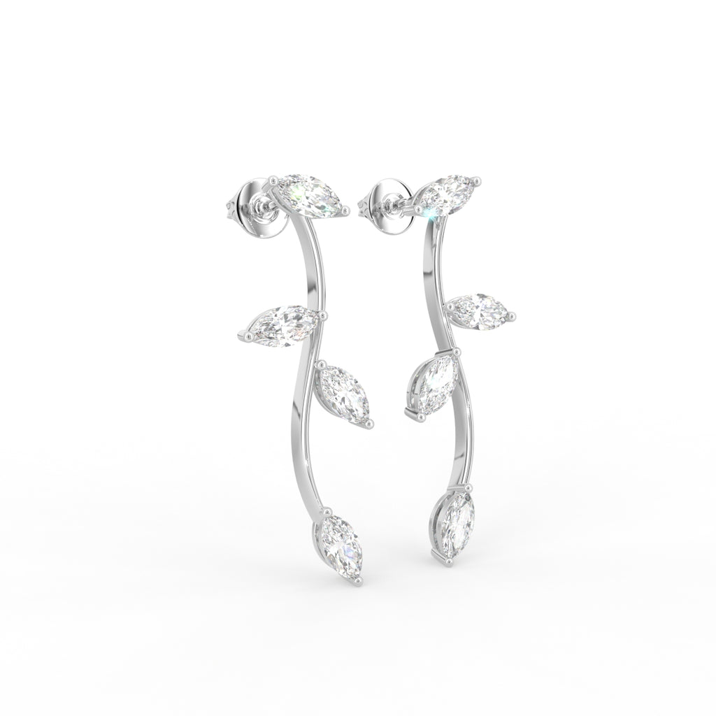 14K White Gold Marquise Leaf Diamond Drop Earrings — 3D VIEW