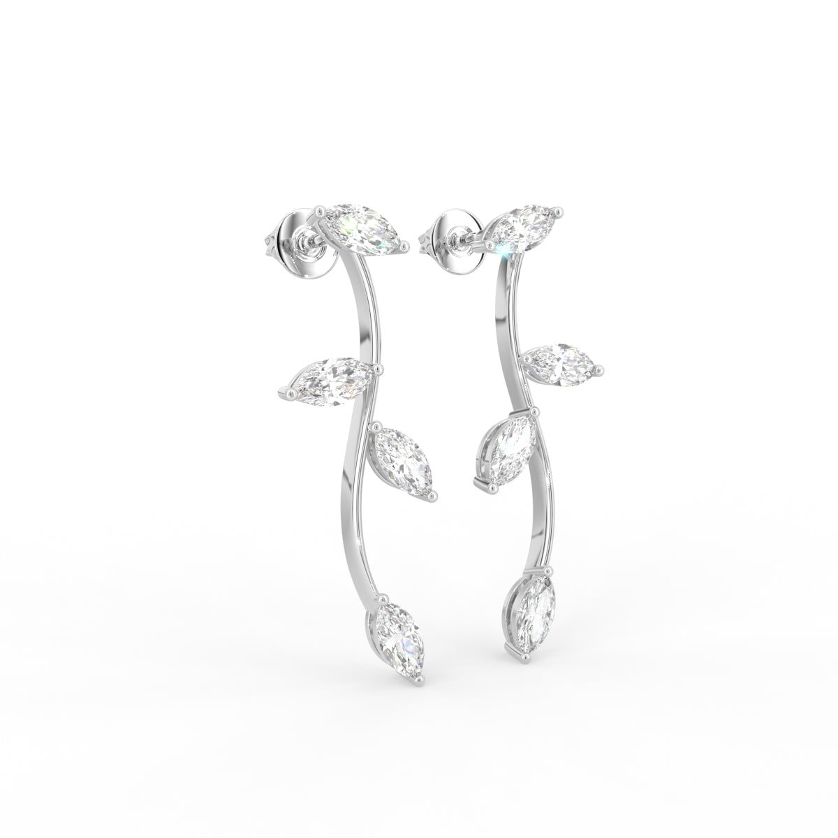 14K White Gold Marquise Leaf Diamond Drop Earrings — 3D VIEW