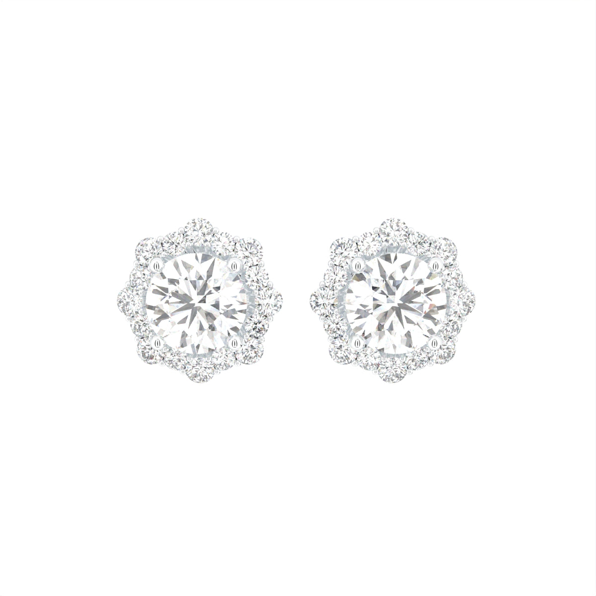 18K Floral Halo Solitaire Diamond Stud Earrings