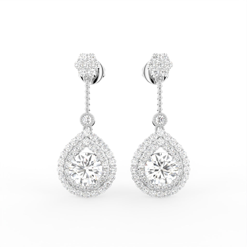 18K Drop Pear Halo Diamond Earrings — TOP