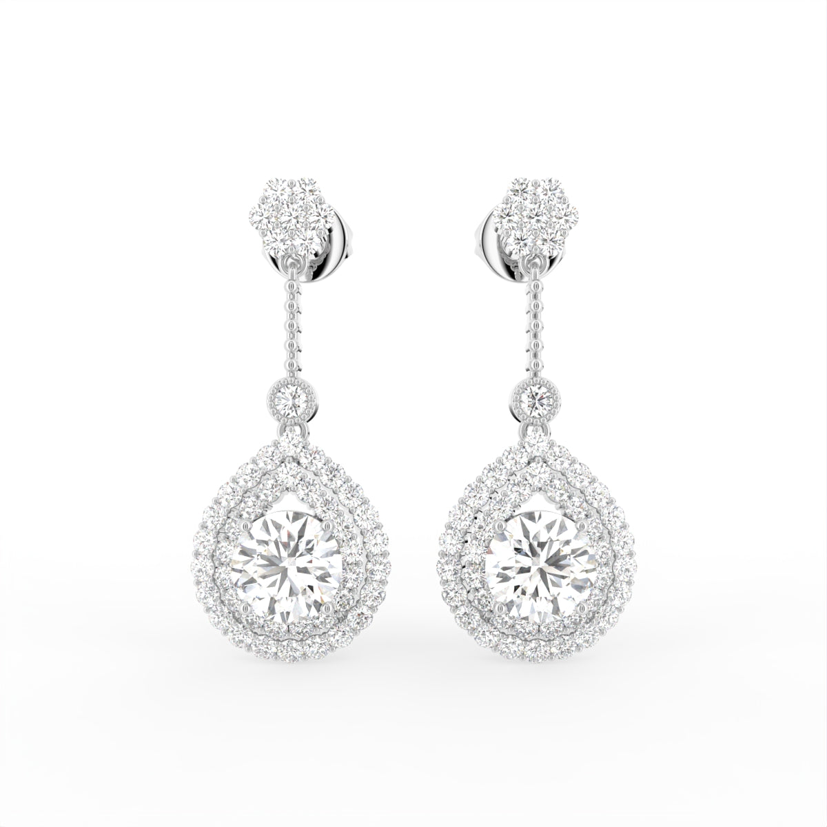 18K Drop Pear Halo Diamond Earrings — TOP