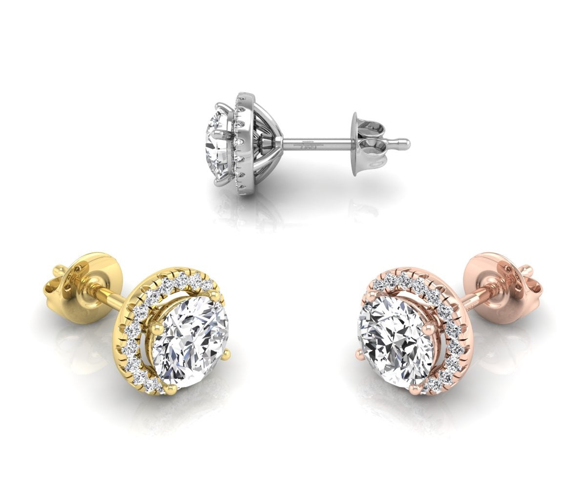 14K Yellow Gold Halo Round Diamond Stud Earrings — 3 COLOR